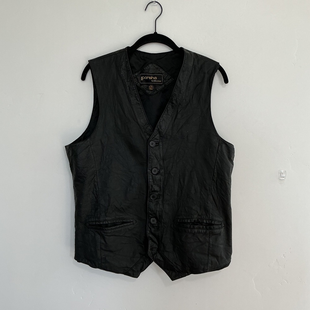 Porsha by Winer‎ Leather Vest Mens Size 42 Tall Black V Neck Button Front